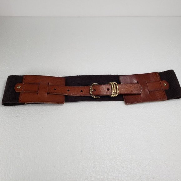 LP Linea Pelle Women's S Brown Leather Belt Black Stretch Elastic - Picture 5 of 8
